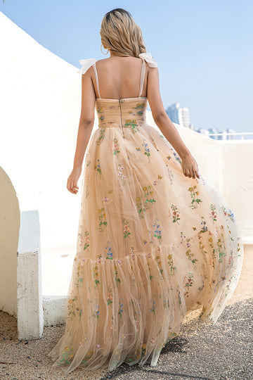 A Line Empire Waist Long Champagne Formal Dress with Appliques